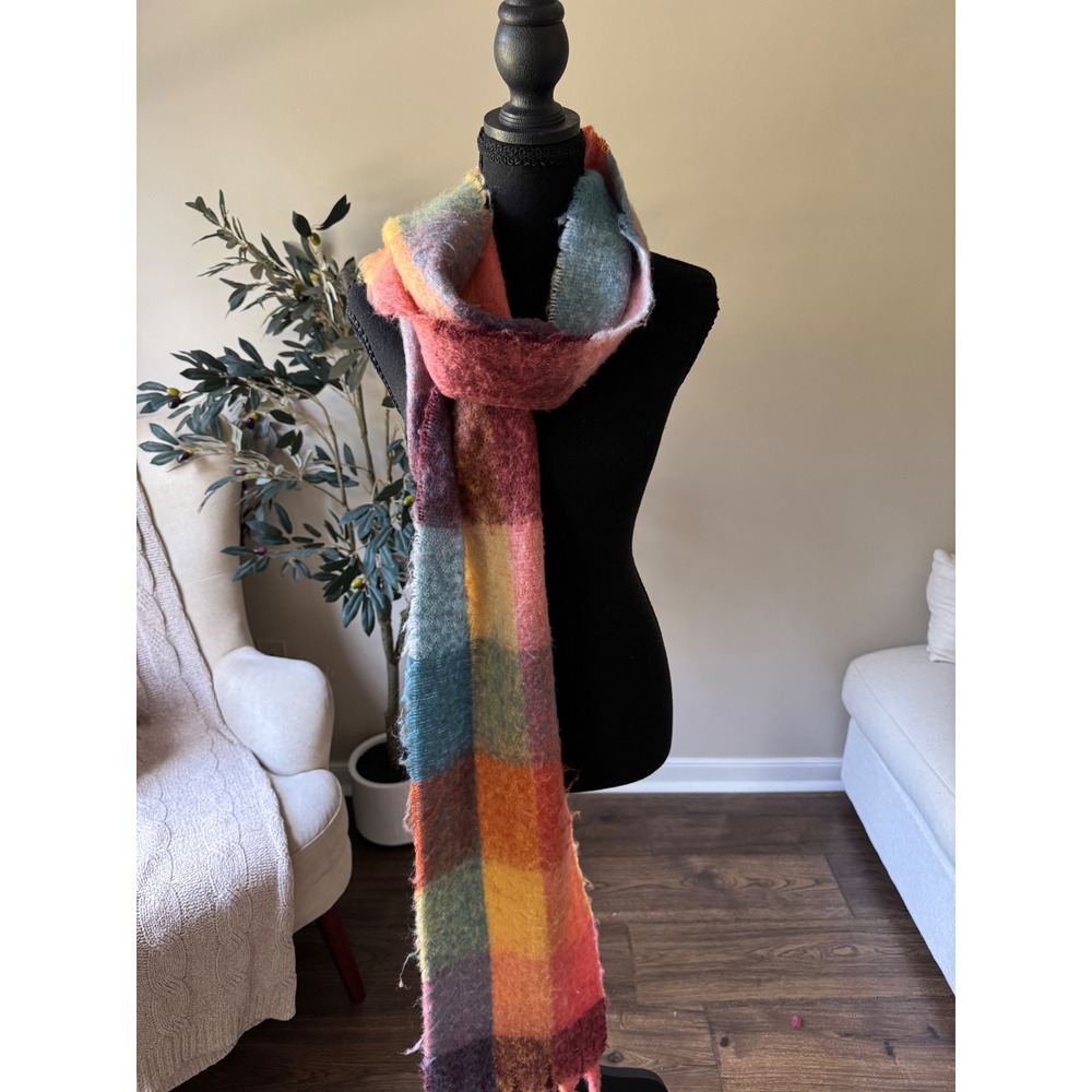 Rainbow Plaid Brushed Knit Oversized Blanket Scarf Multi Color Fringe Trim